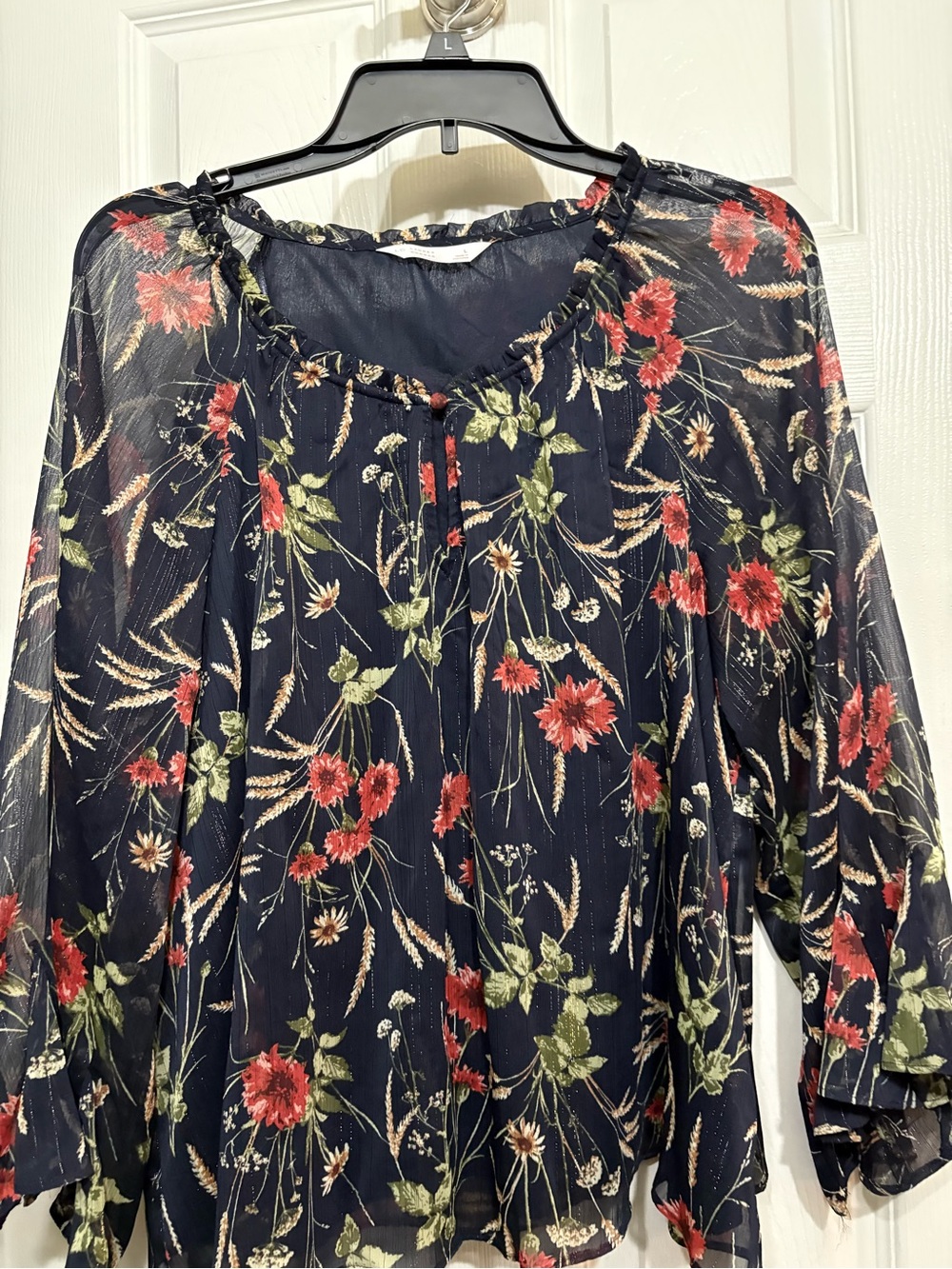 LC Lauren Conrad Navy Floral Sheer Peasant Blouse - Red & Green Floral